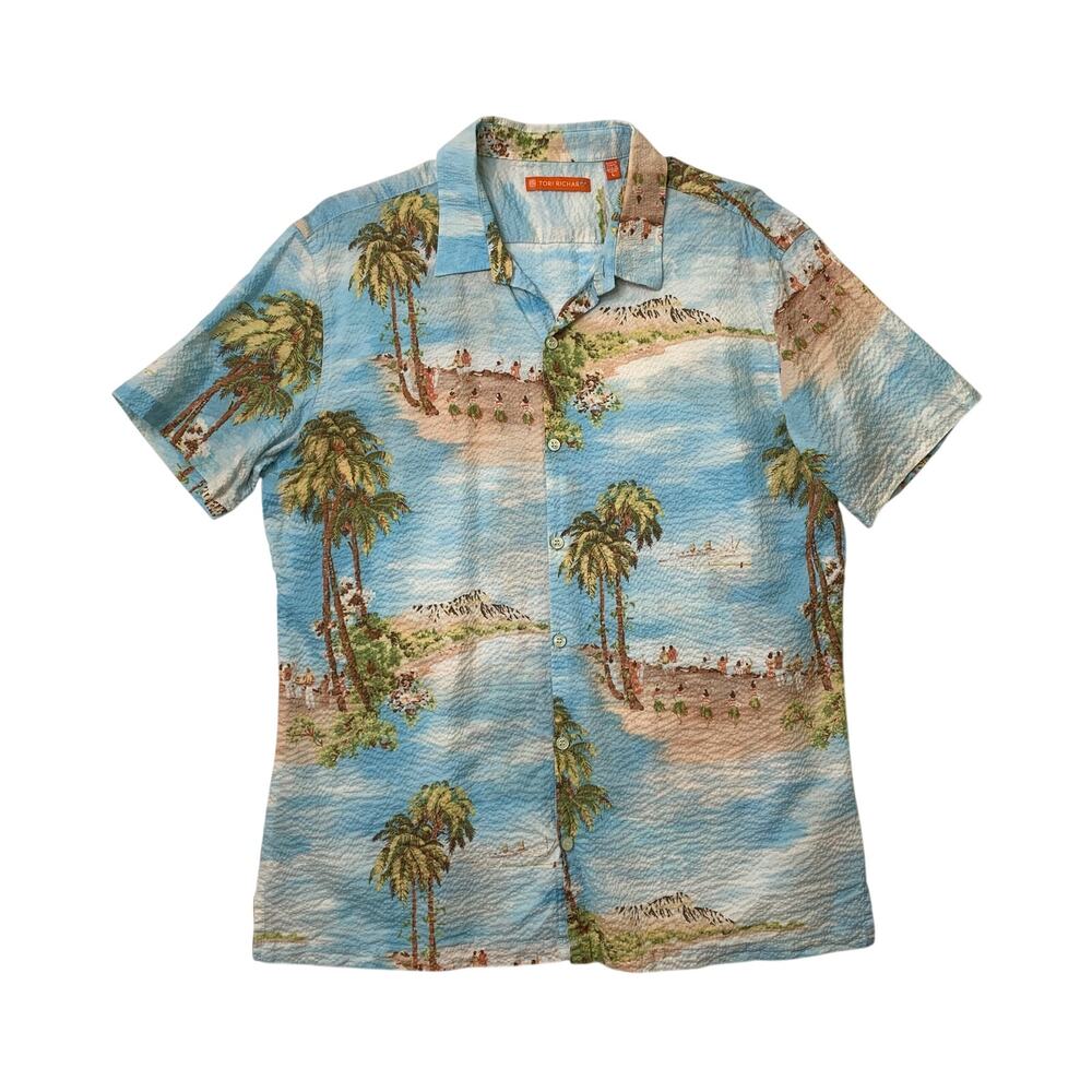 Vintage Tori Richard Shirt Mens Large Seersucker Beach Print Button Up Hawaiian